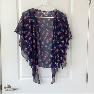 Sheer navy blue kimono inspired top with floral detail fits junior size small
